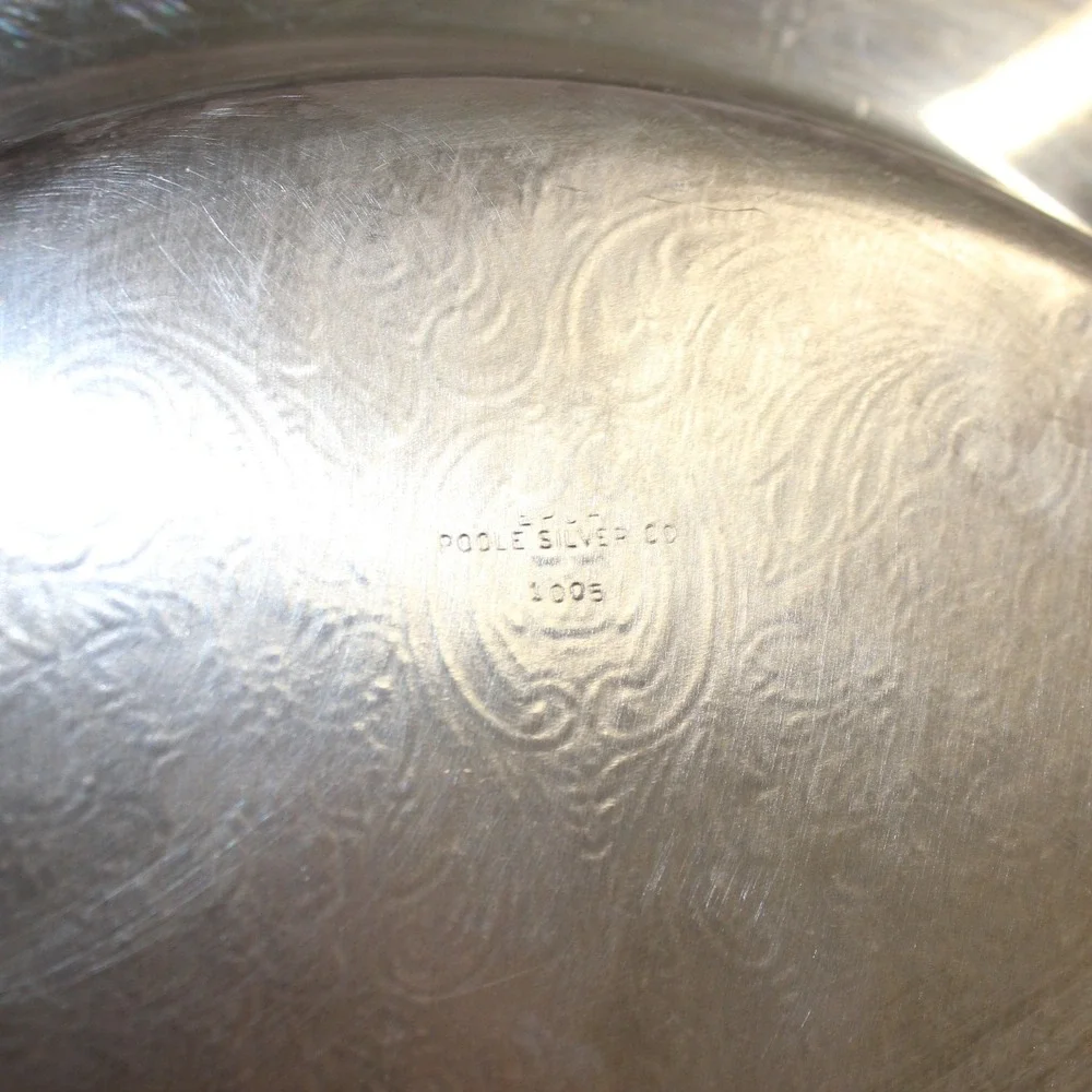 Poole Silver Co 1005 Silver Plated Footed Tray Etched Floral Gadroon Edge 12in